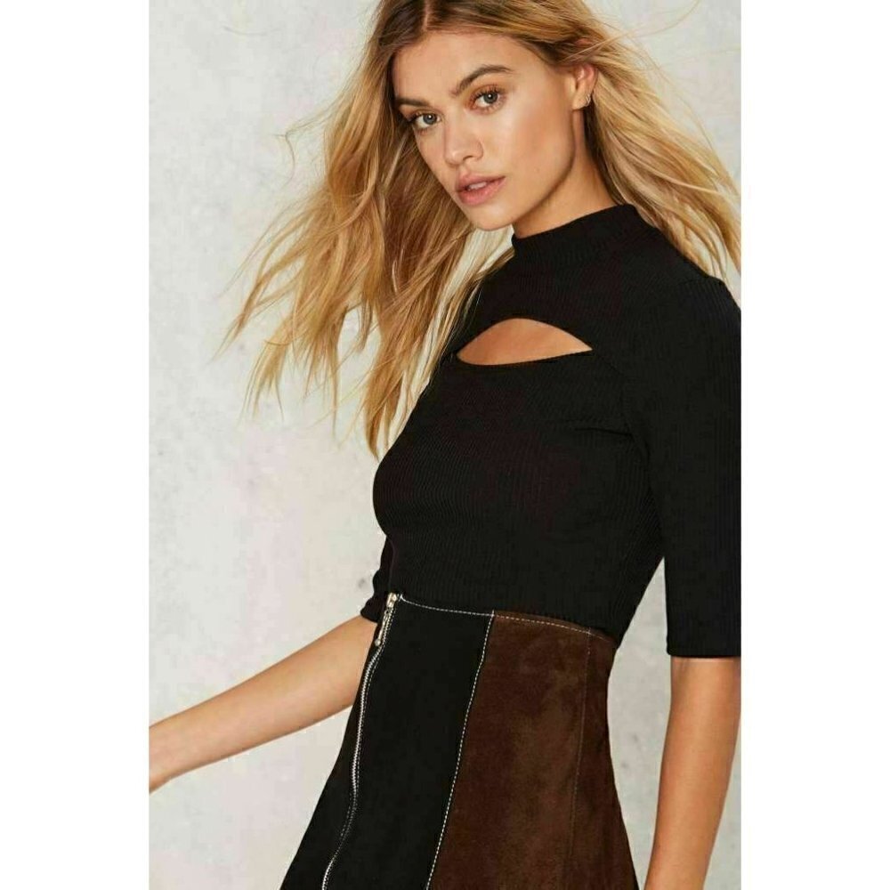 NUDE Nasty Gal Womens Black Knit Highest Peek Ribbed Crop Top Size L - Picture 4 of 8